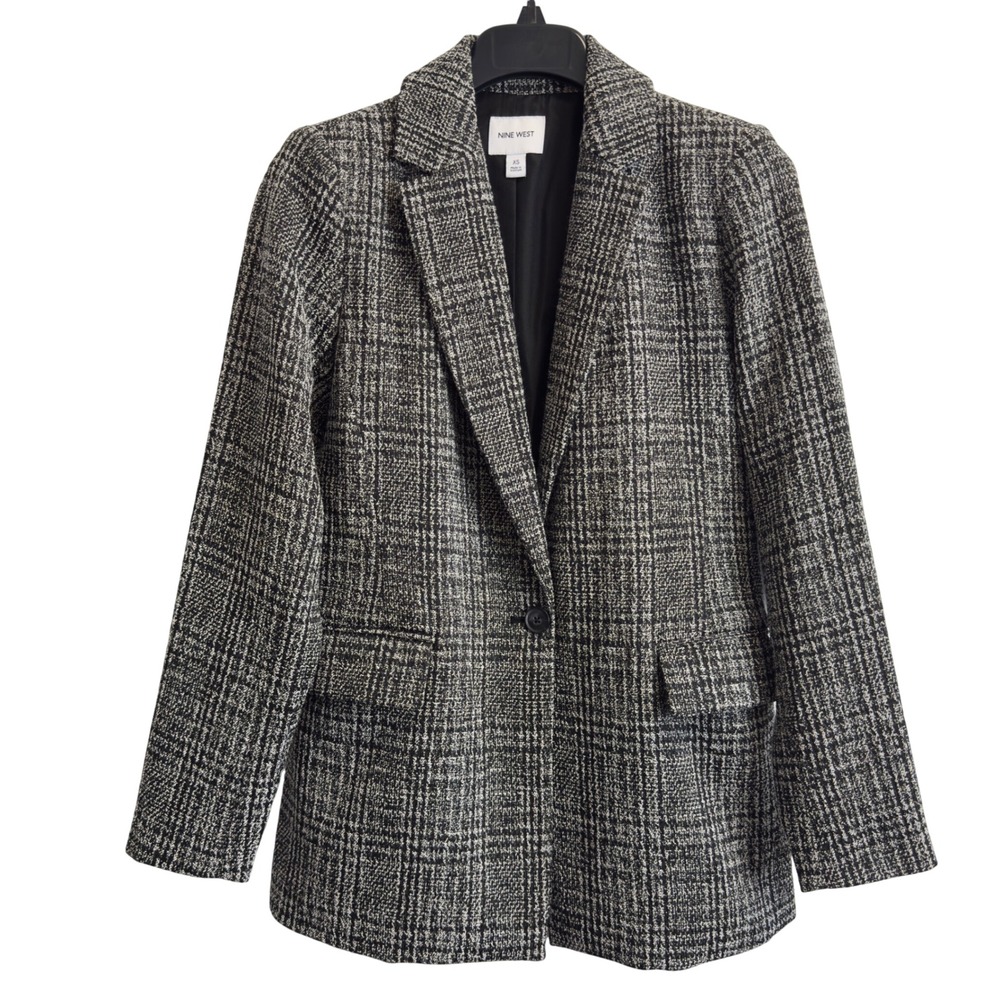 Nine West Womens Glen Plaid Single Button Blazer Jacket Black White XS Career